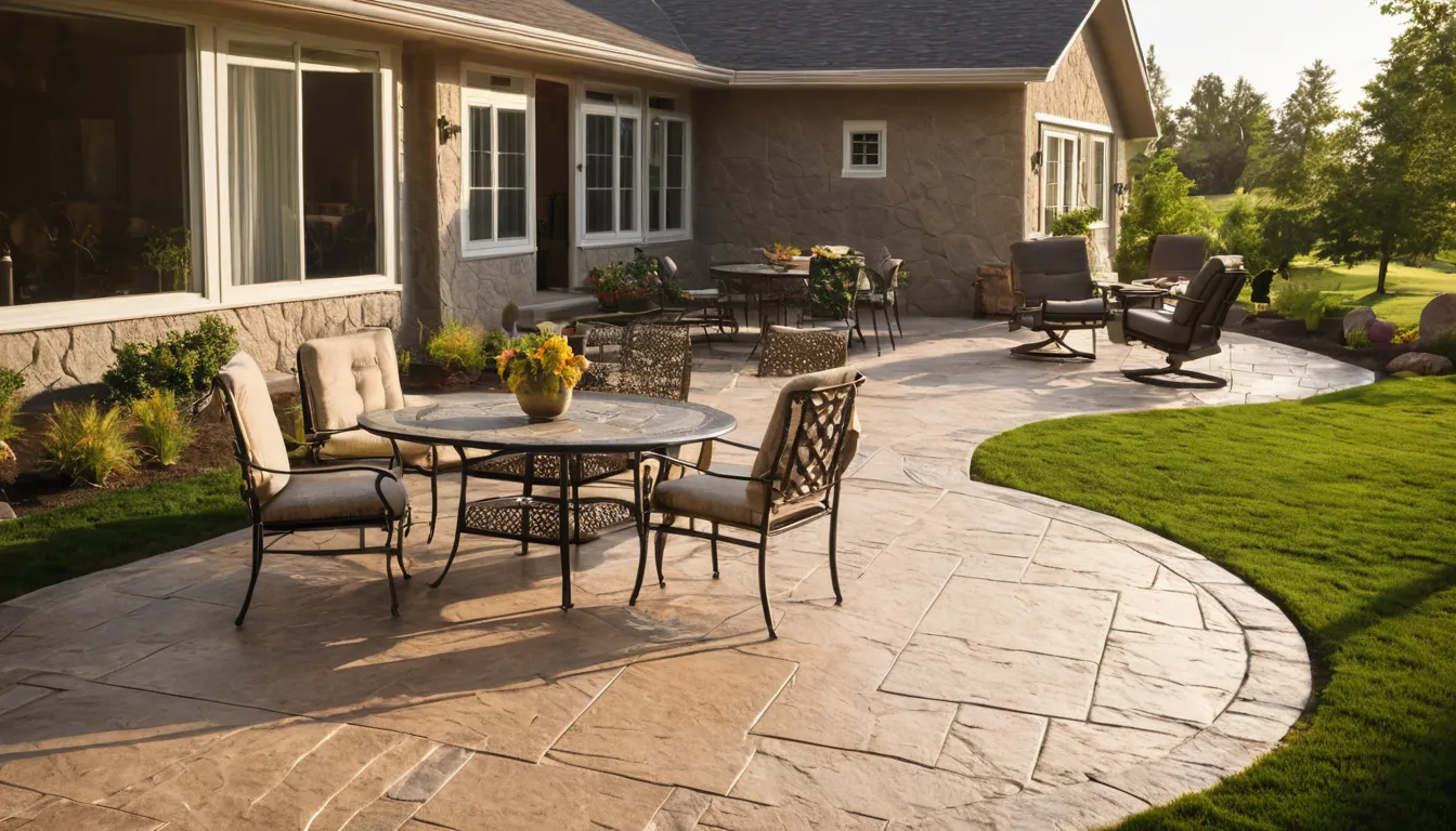 A stamped concrete patio behind a ranch home in North Bay
